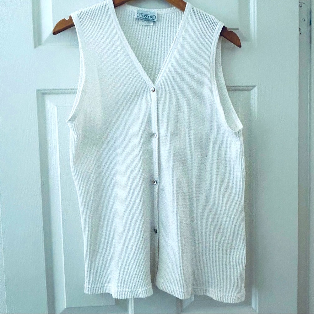 White 100% Cotton Long Button Vest Mother Of Pearl Buttons J. Michelle Made USA